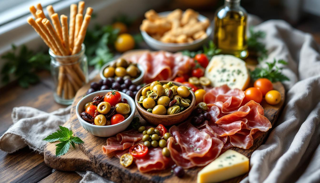Italienische Antipasti Platte mit Oliven, getrockneten Tomaten, Artischocken und Olivenöl