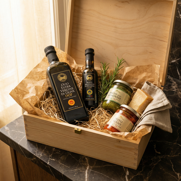 Geschenk-Set «Grande Dispensa» — Olivenöl DOP, Balsamico, Pesto Verde & Rosso