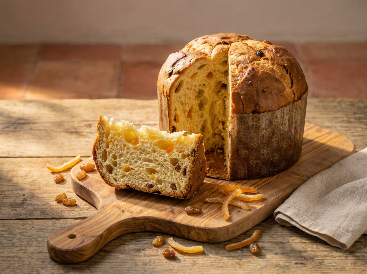 Aufgeschnittener Panettone auf einem rustikalen Holzbrett