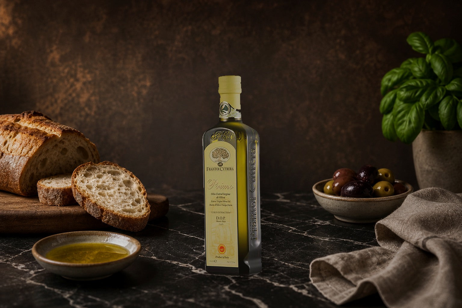 Olivenöl Cutrera Primo in italienischer Tischszene